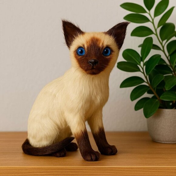 Realistic Siamese Cat Figurine Faux Fur Home Decor Collectible Blue Eyes - Picture 1 of 13
